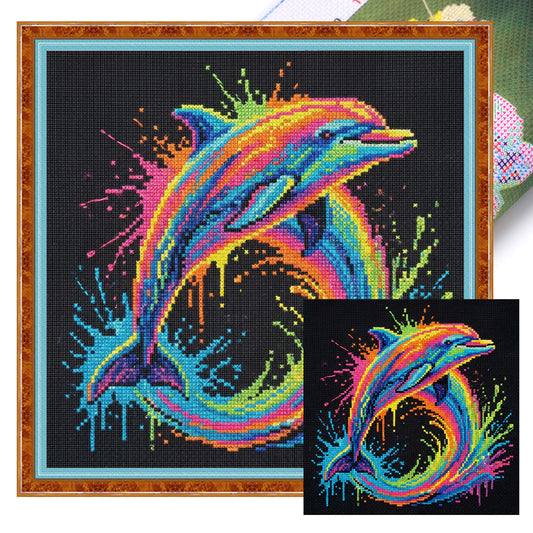 Colorful Splash Dolphin - Full 14CT Stamped Cross Stitch 30x30CM - Huacan