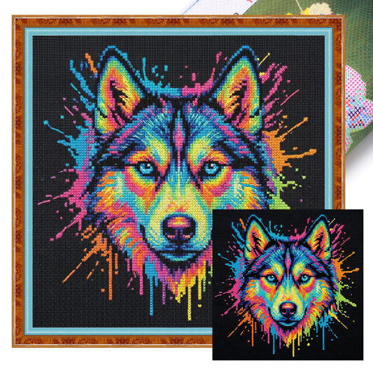 Colorful Splash Wolf - Full 14CT Stamped Cross Stitch 30x30CM - Huacan