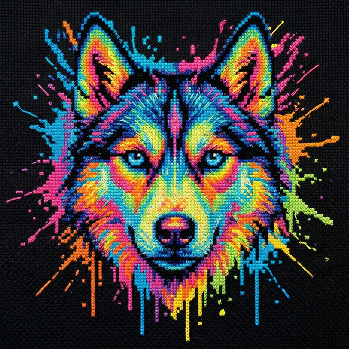 Colorful Splash Wolf - Full 14CT Stamped Cross Stitch 30x30CM - Huacan