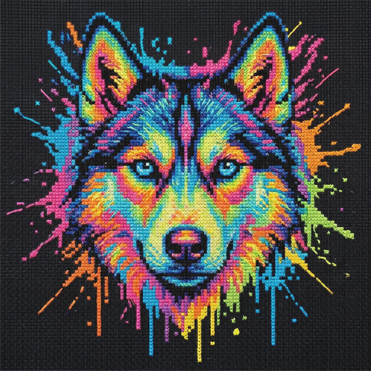 Colorful Splash Wolf - Full 14CT Stamped Cross Stitch 30x30CM - Huacan