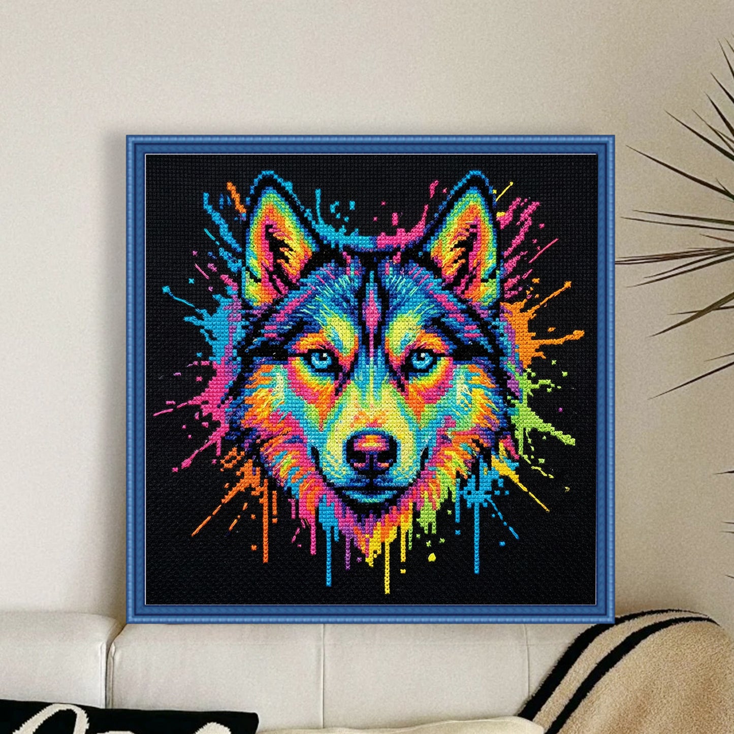 Colorful Splash Wolf - Full 14CT Stamped Cross Stitch 30x30CM - Huacan