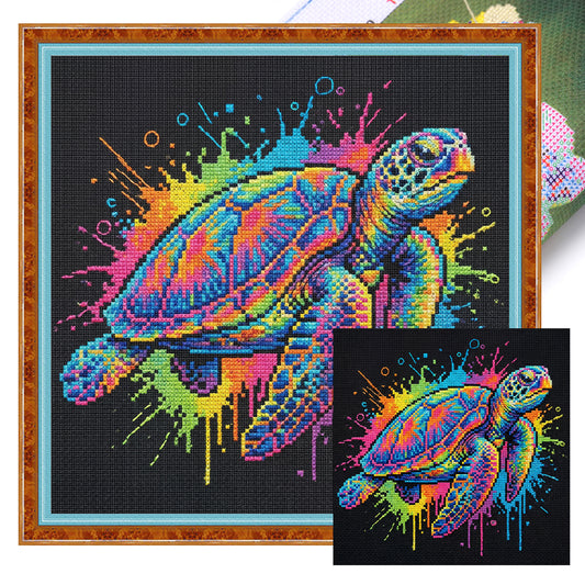 Colorful Splash Sea Turtle - Full 14CT Stamped Cross Stitch 30x30CM - Huacan