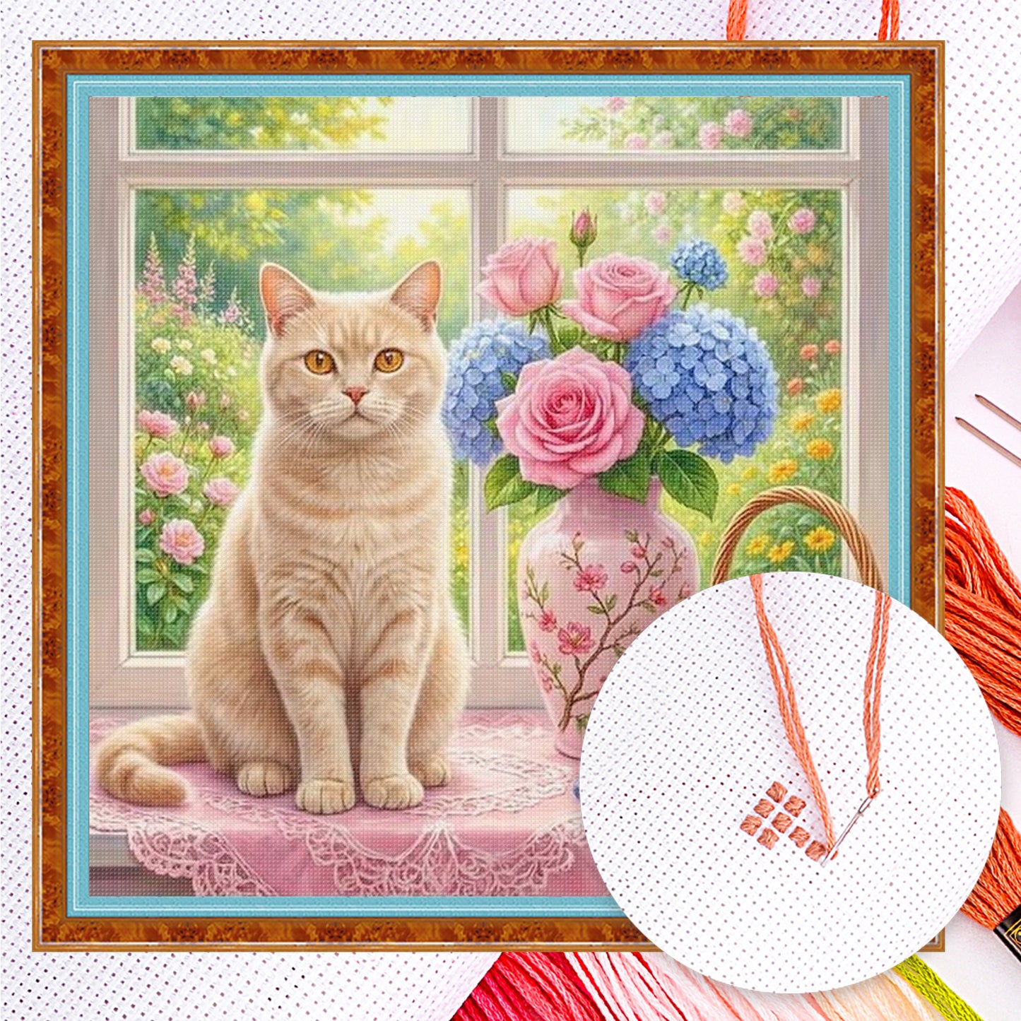 Spring Easter Cat - Full 14CT Counted Cross Stitch 40x40CM - Yishu