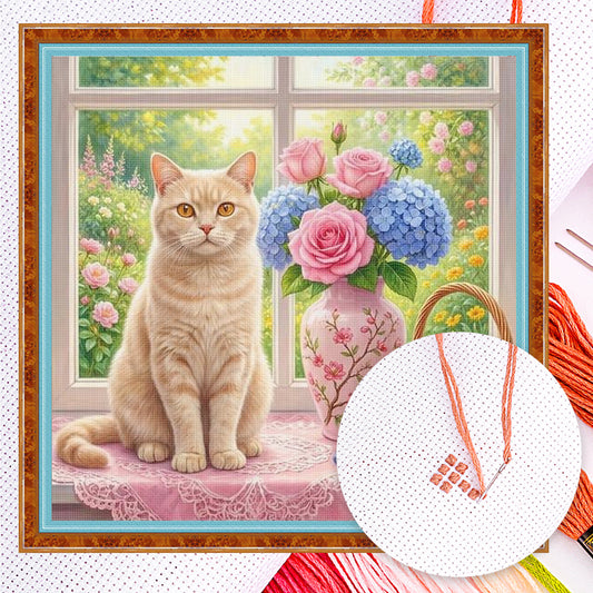 Spring Easter Cat - Full 14CT Counted Cross Stitch 40x40CM - Yishu