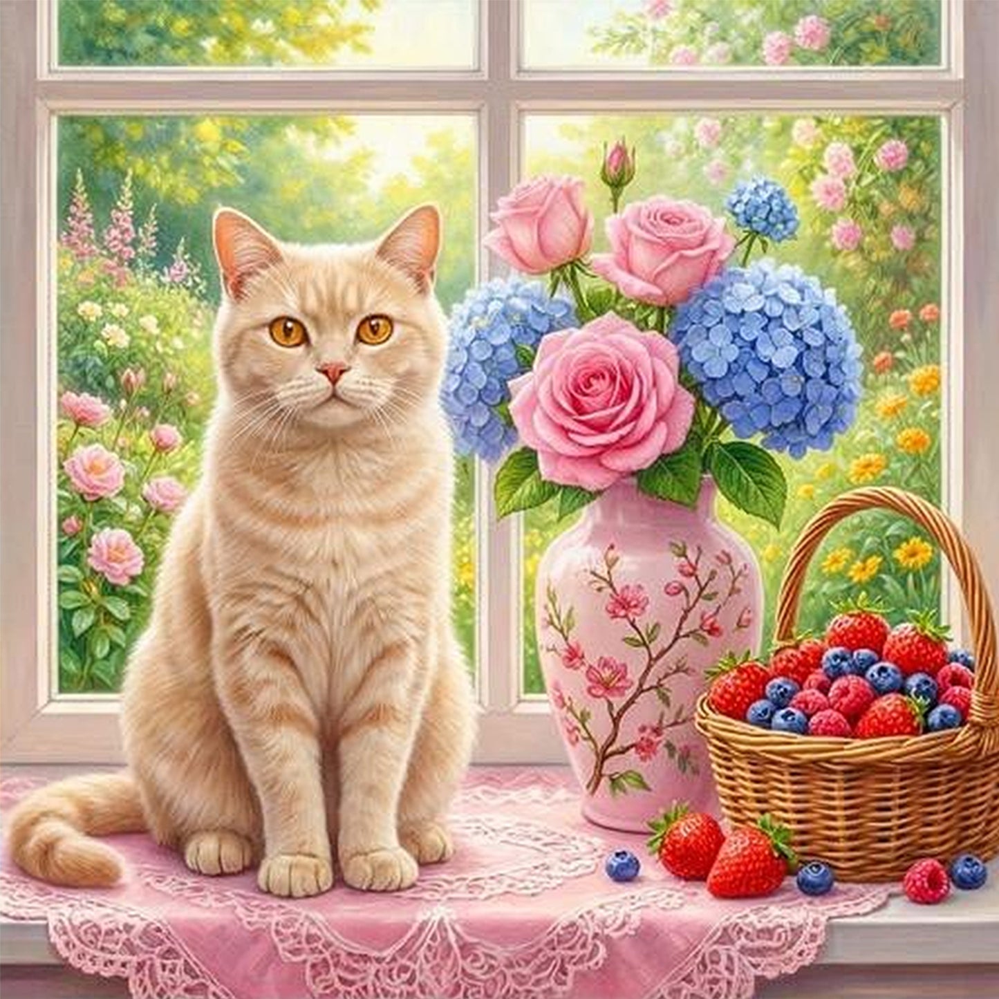 Spring Easter Cat - Full 14CT Counted Cross Stitch 40x40CM - Yishu