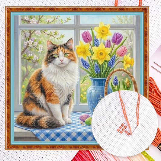 Summer Garden Cat - Full 14CT Counted Cross Stitch 40x40CM - Yishu