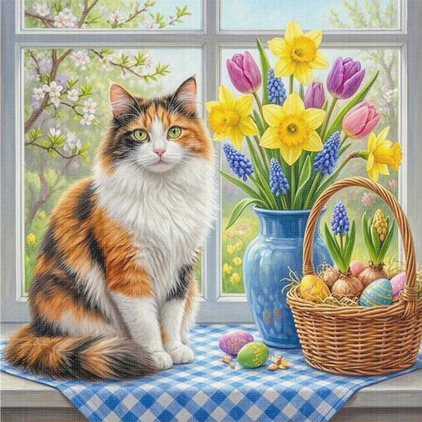 Summer Garden Cat - Full 14CT Counted Cross Stitch 40x40CM - Yishu