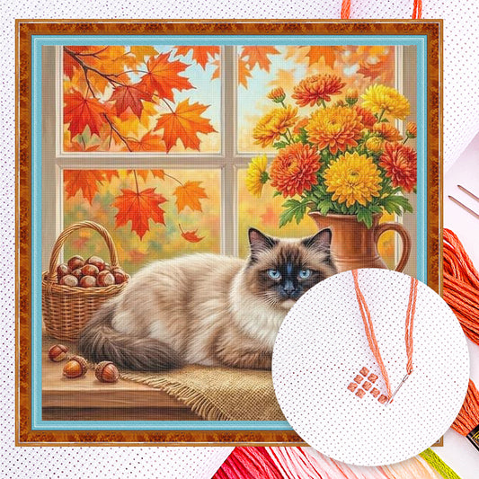 Autumn Fall Cat - Full 14CT Counted Cross Stitch 40x40CM - Yishu