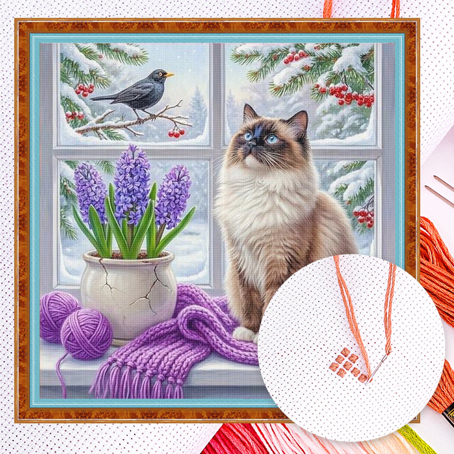 Winter Window Cat - Full 14CT Counted Cross Stitch 40x40CM - Yishu