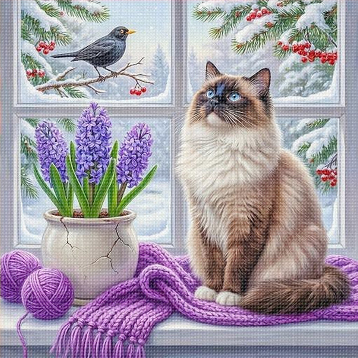 Winter Window Cat - Full 14CT Counted Cross Stitch 40x40CM - Yishu
