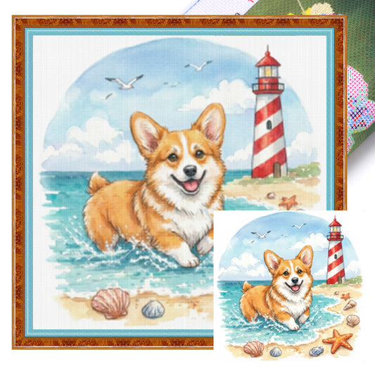 Corgi By The Sea-Dog - Full 14CT Stamped Cross Stitch 30x30CM - Huacan