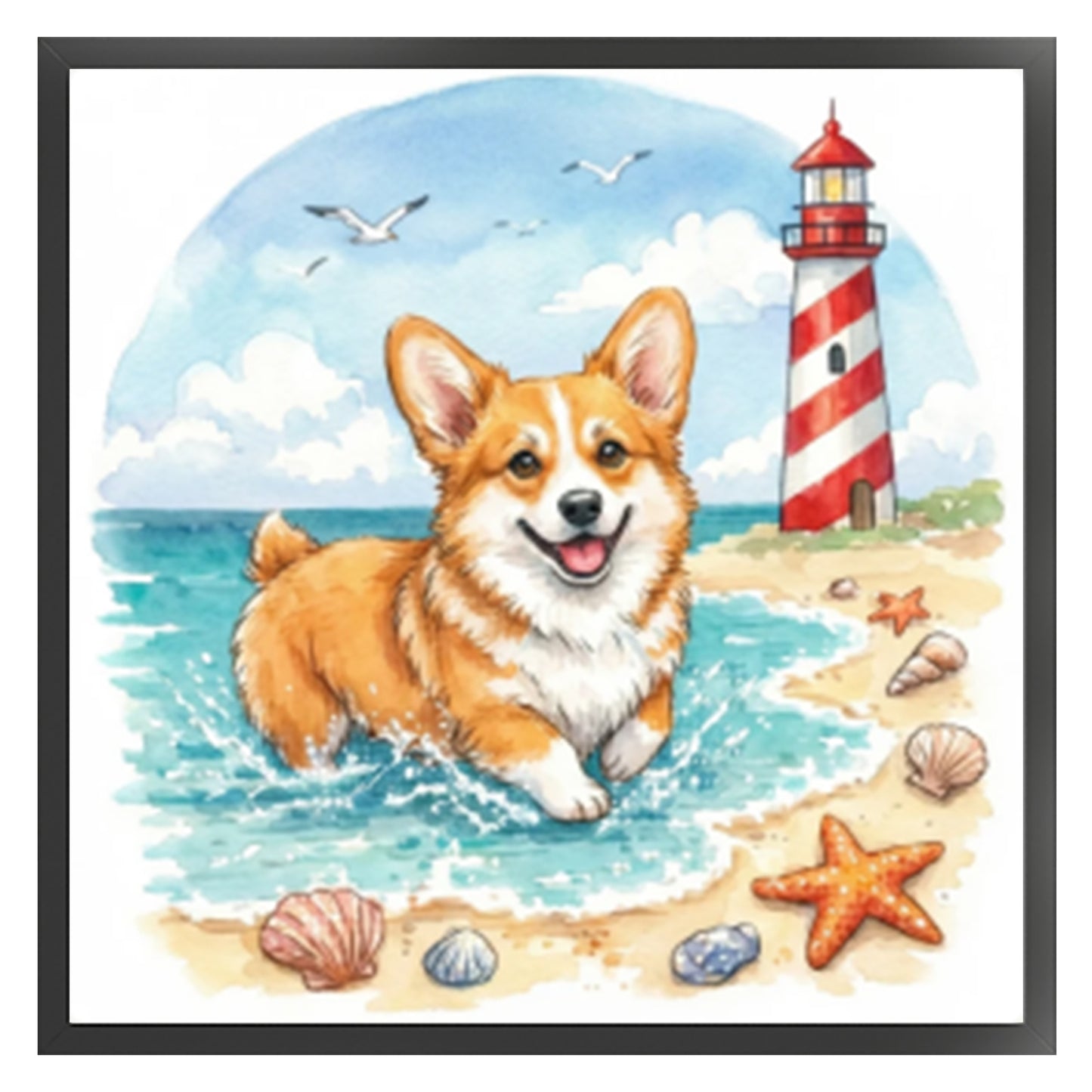 Corgi By The Sea-Dog - Full 14CT Stamped Cross Stitch 30x30CM - Huacan