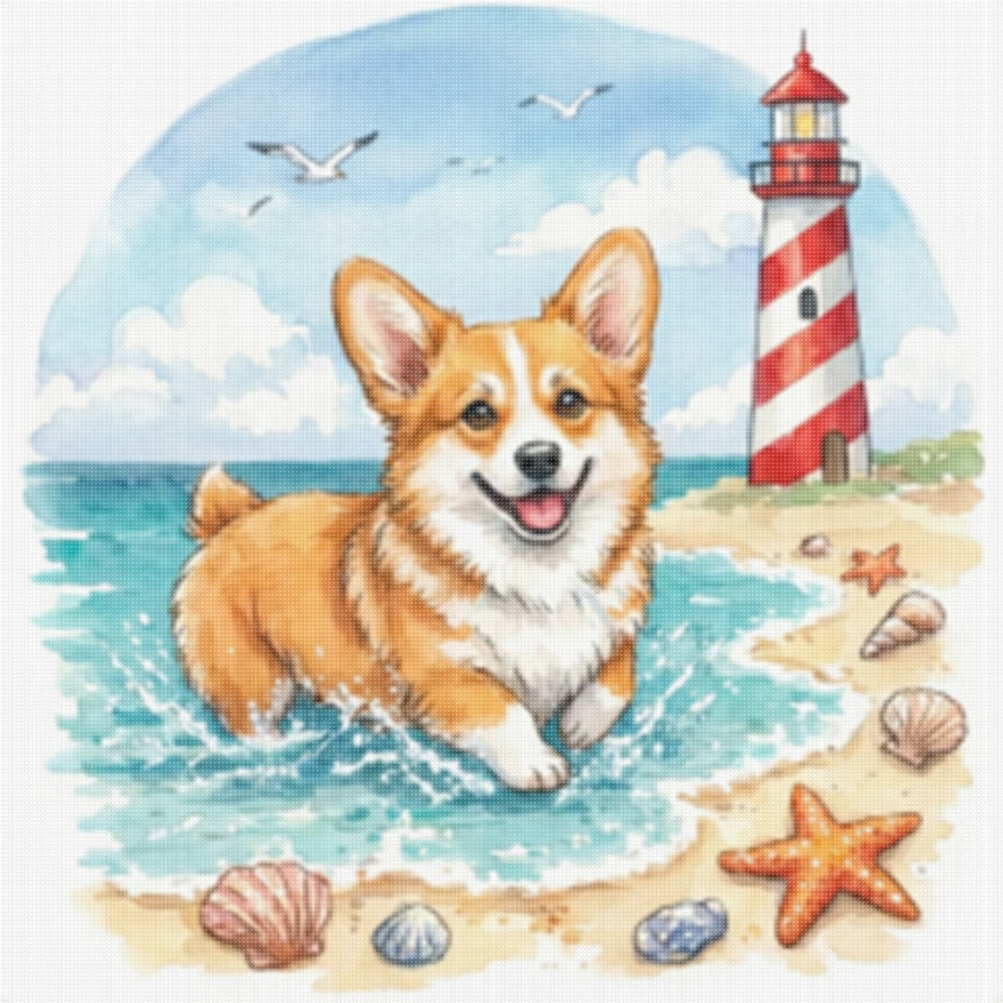 Corgi By The Sea-Dog - Full 14CT Stamped Cross Stitch 30x30CM - Huacan