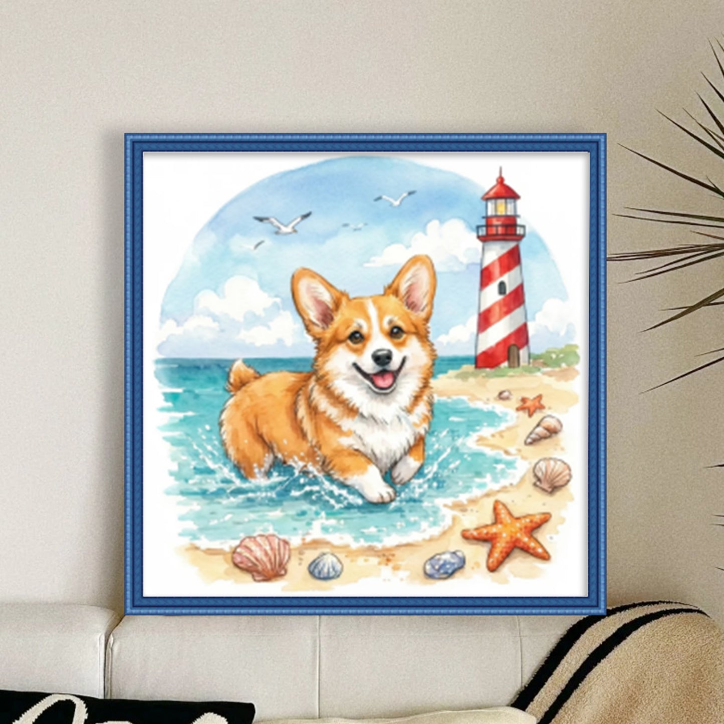 Corgi By The Sea-Dog - Full 14CT Stamped Cross Stitch 30x30CM - Huacan