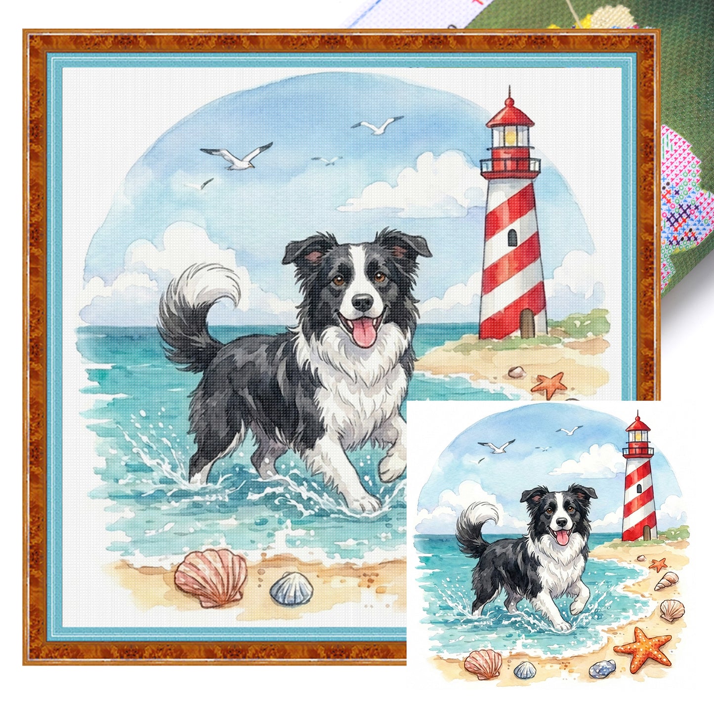 Border Collie By The Sea-Dog - Full 14CT Stamped Cross Stitch 30x30CM - Huacan
