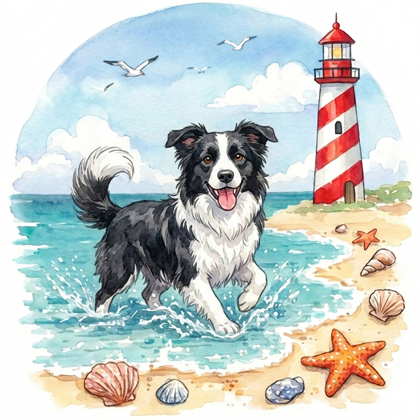 Border Collie By The Sea-Dog - Full 14CT Stamped Cross Stitch 30x30CM - Huacan