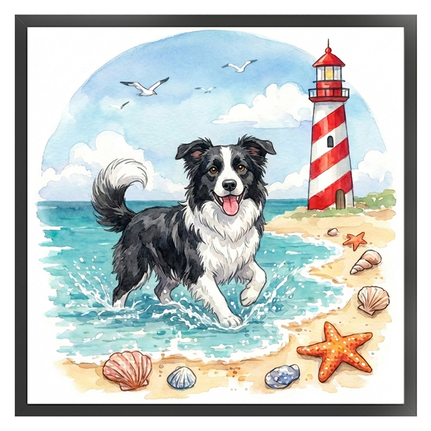 Border Collie By The Sea-Dog - Full 14CT Stamped Cross Stitch 30x30CM - Huacan