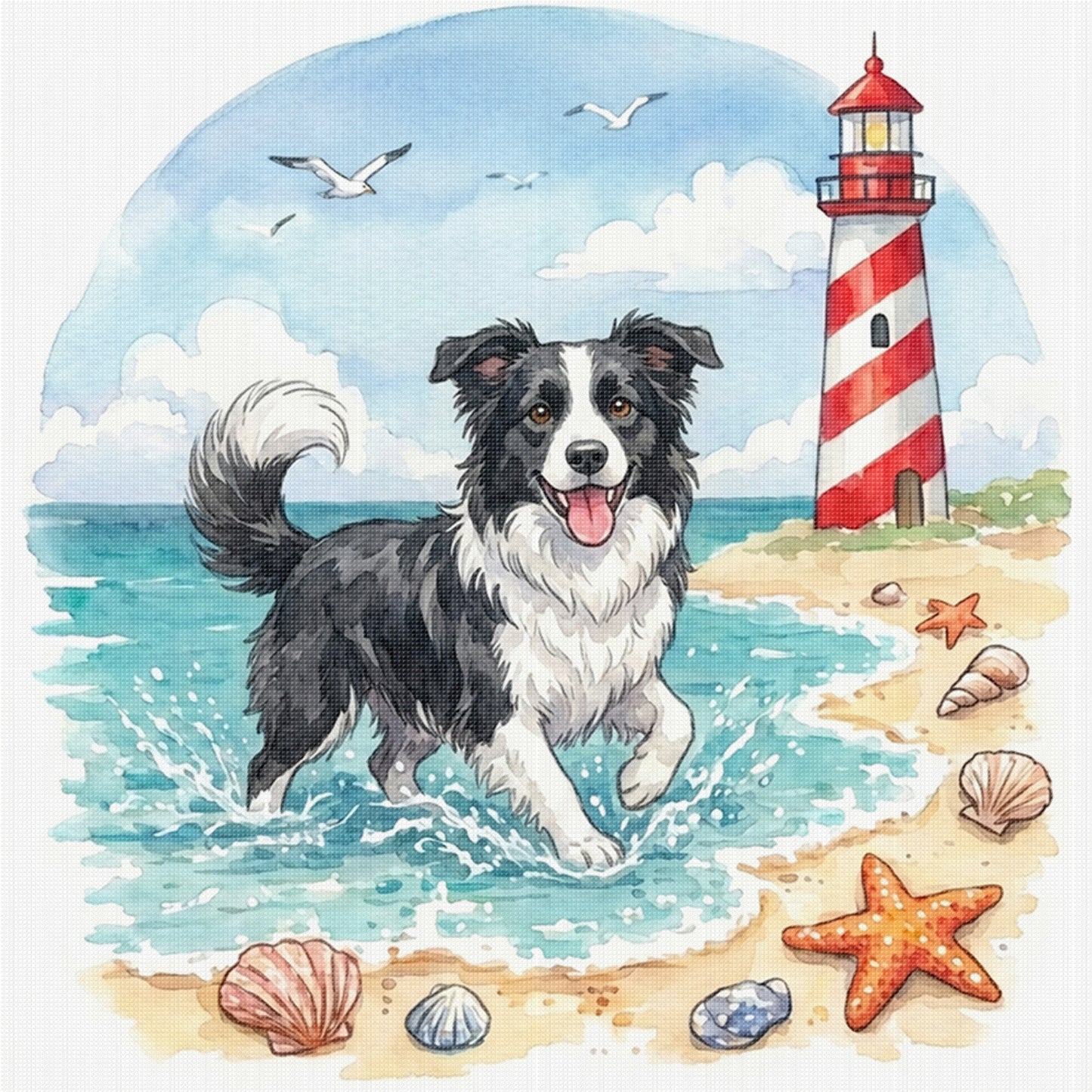 Border Collie By The Sea-Dog - Full 14CT Stamped Cross Stitch 30x30CM - Huacan