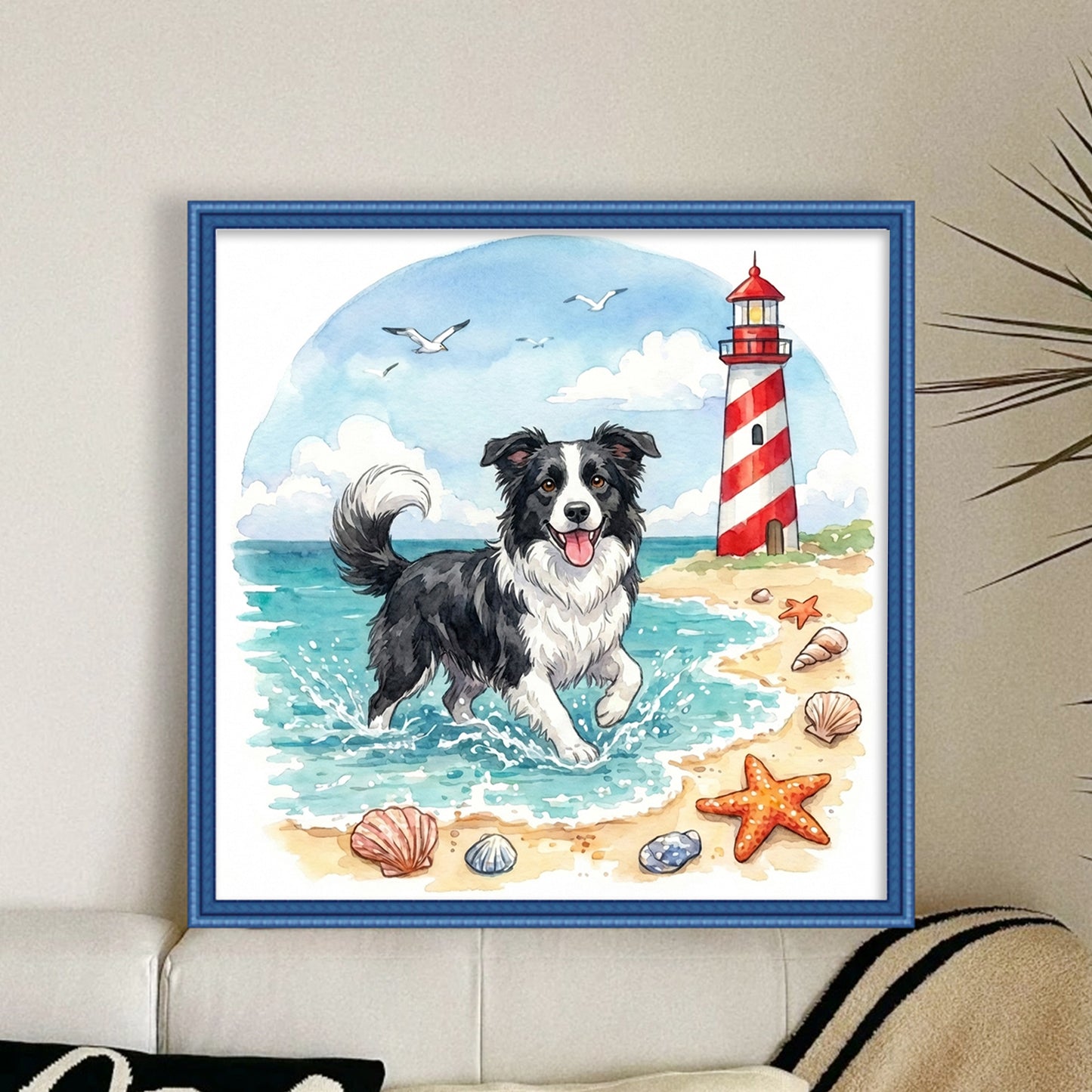 Border Collie By The Sea-Dog - Full 14CT Stamped Cross Stitch 30x30CM - Huacan