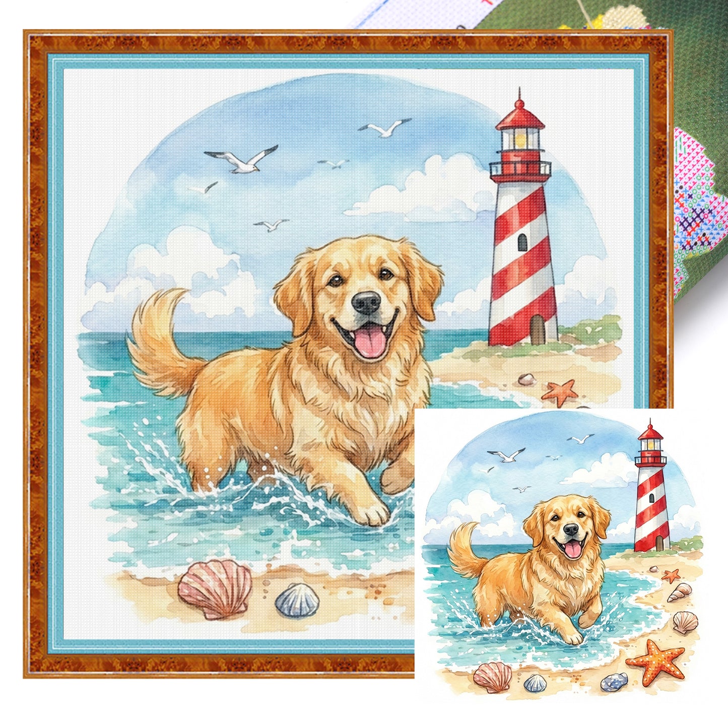 Golden Retriever By The Sea-Dog - Full 14CT Stamped Cross Stitch 30x30CM - Huacan