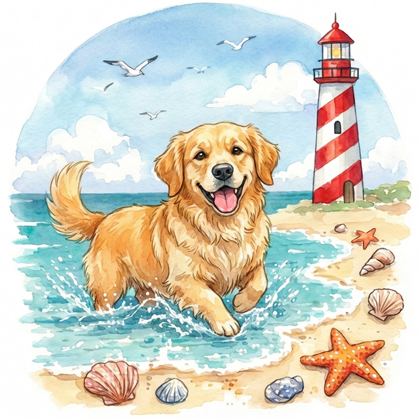 Golden Retriever By The Sea-Dog - Full 14CT Stamped Cross Stitch 30x30CM - Huacan