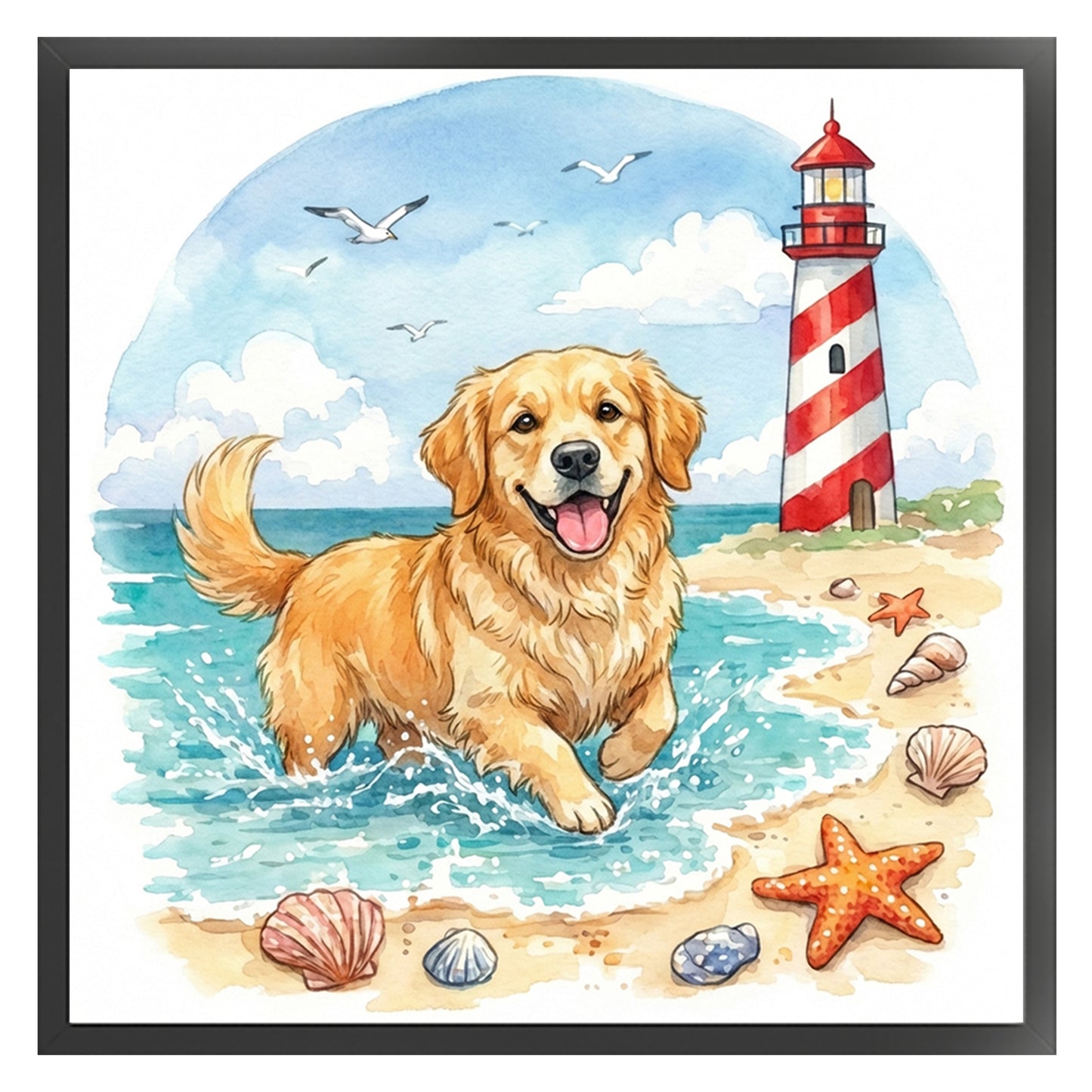 Golden Retriever By The Sea-Dog - Full 14CT Stamped Cross Stitch 30x30CM - Huacan