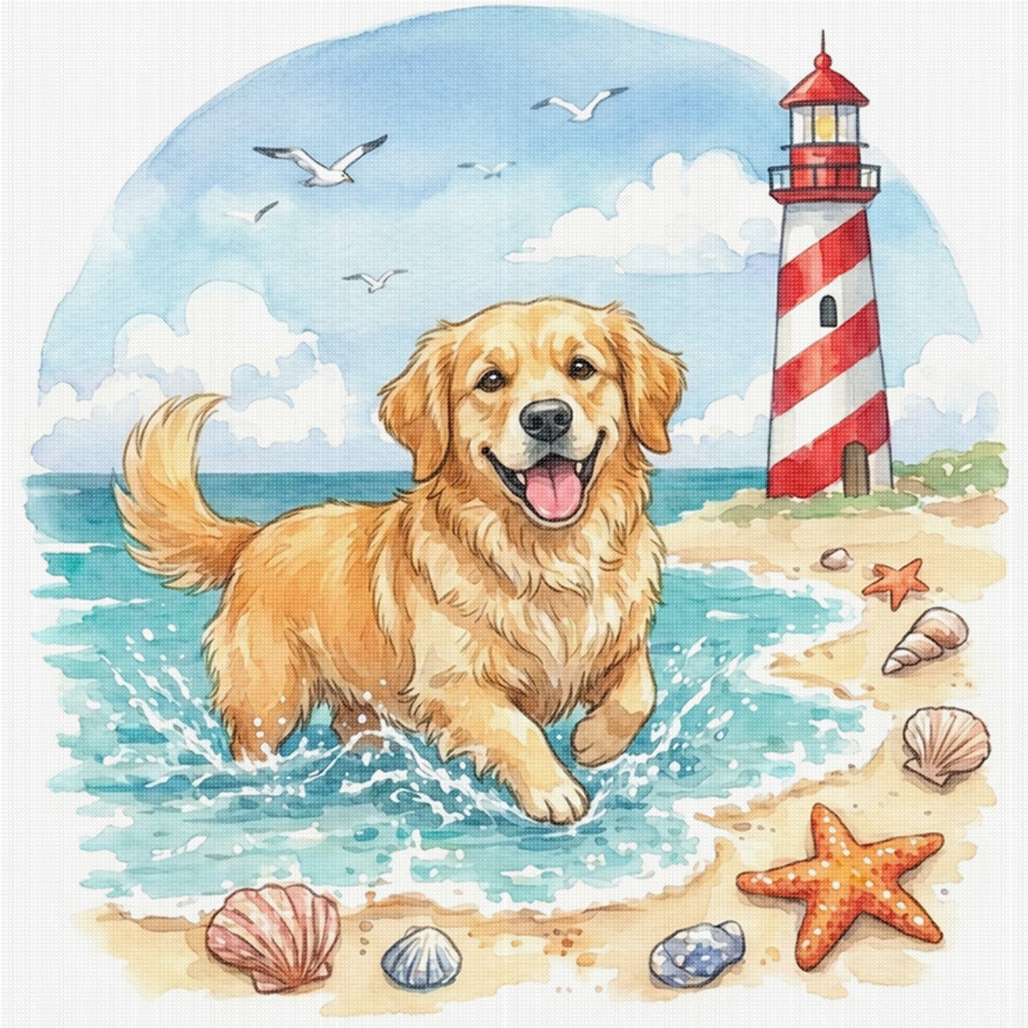 Golden Retriever By The Sea-Dog - Full 14CT Stamped Cross Stitch 30x30CM - Huacan