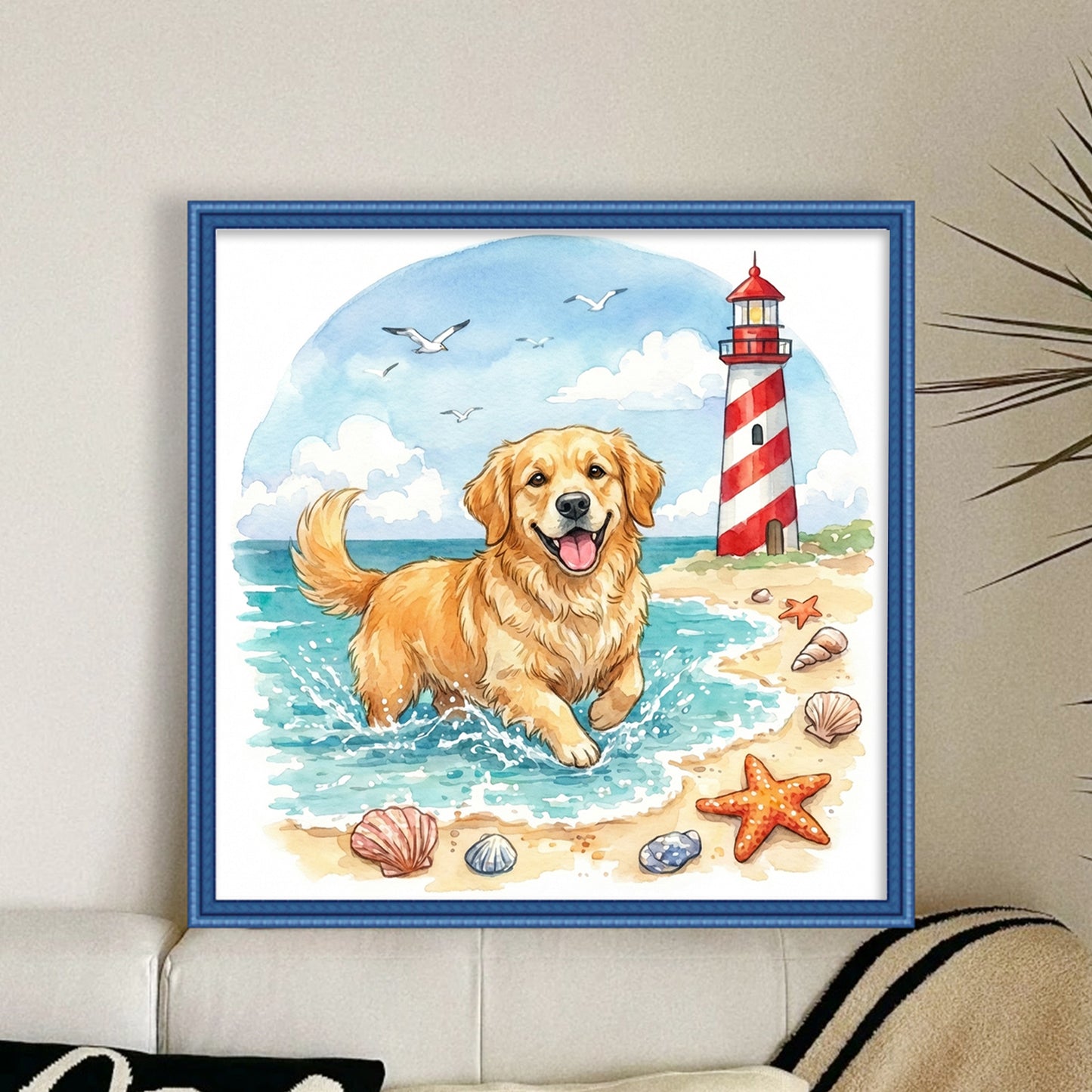 Golden Retriever By The Sea-Dog - Full 14CT Stamped Cross Stitch 30x30CM - Huacan