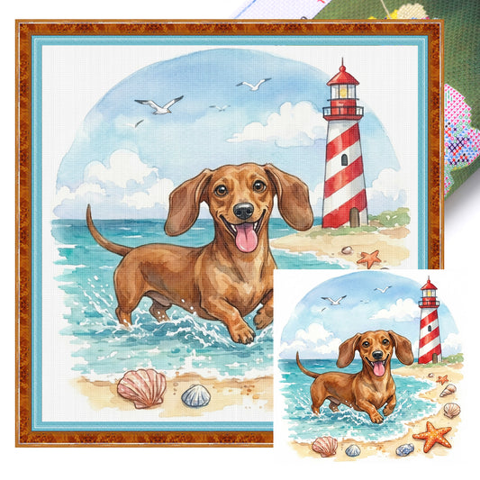 Dachshund By The Sea-Dog - Full 14CT Stamped Cross Stitch 30x30CM - Huacan