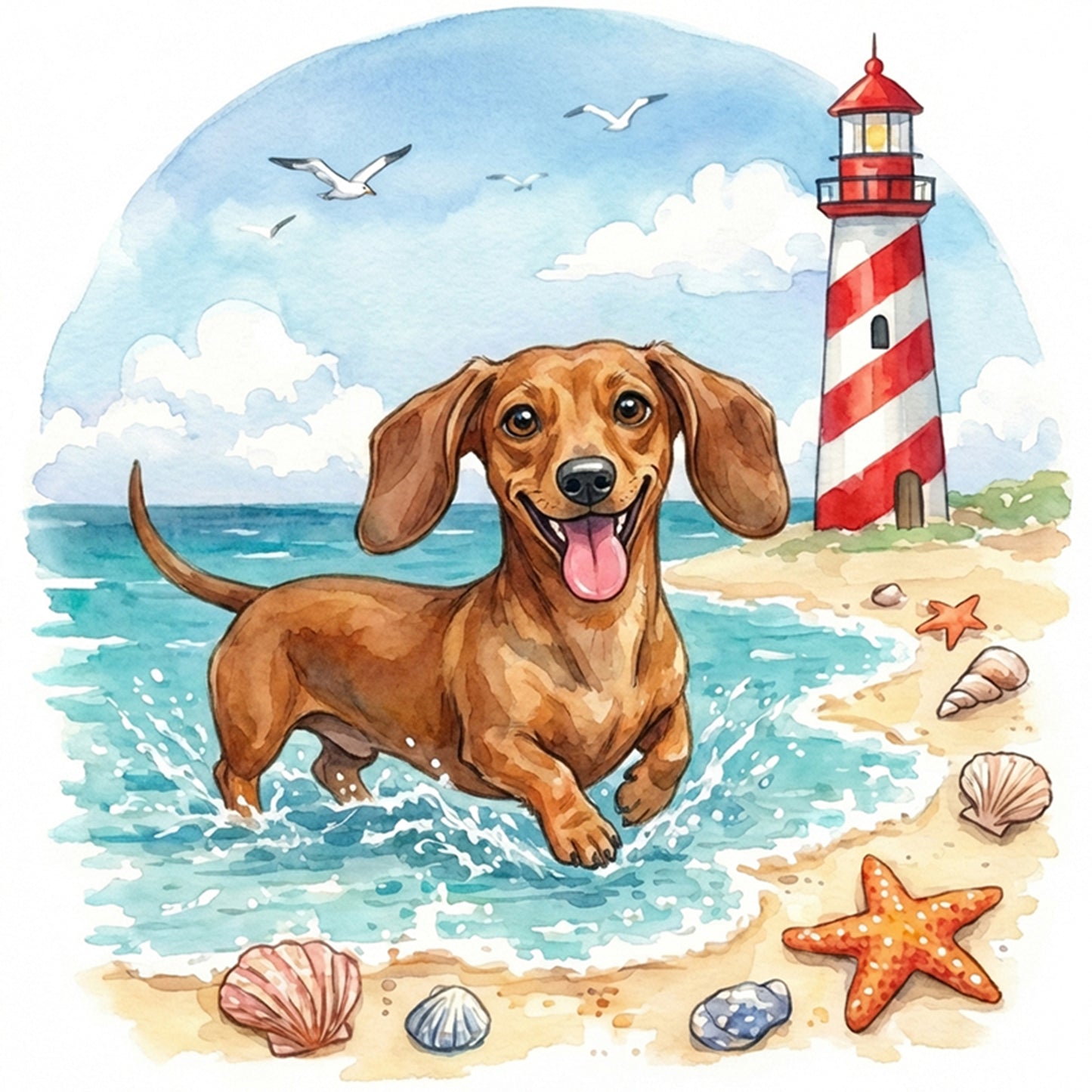 Dachshund By The Sea-Dog - Full 14CT Stamped Cross Stitch 30x30CM - Huacan