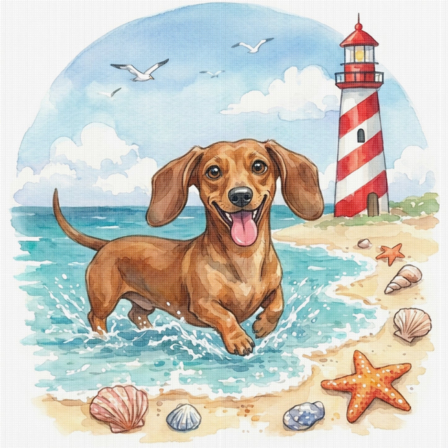 Dachshund By The Sea-Dog - Full 14CT Stamped Cross Stitch 30x30CM - Huacan