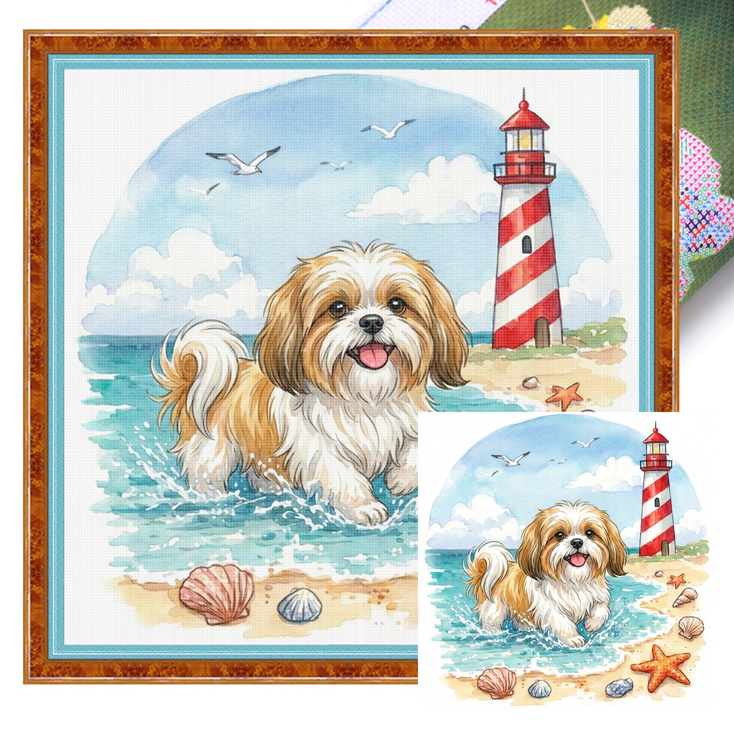 Shih Tzu By The Sea-Dog - Full 14CT Stamped Cross Stitch 30x30CM - Huacan