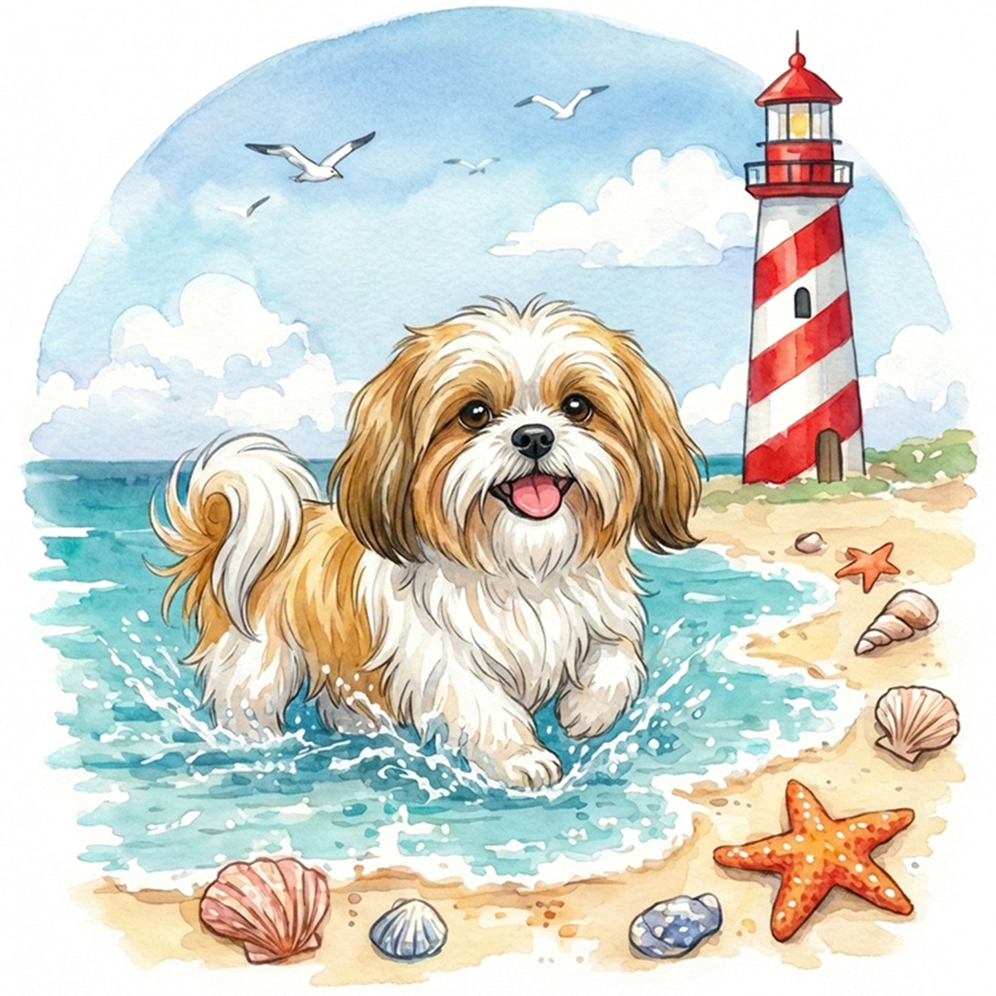 Shih Tzu By The Sea-Dog - Full 14CT Stamped Cross Stitch 30x30CM - Huacan