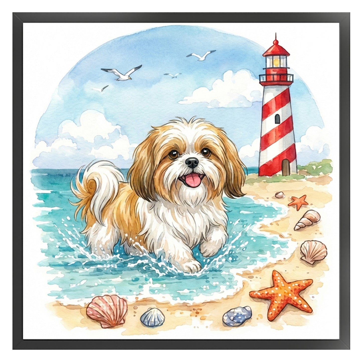 Shih Tzu By The Sea-Dog - Full 14CT Stamped Cross Stitch 30x30CM - Huacan