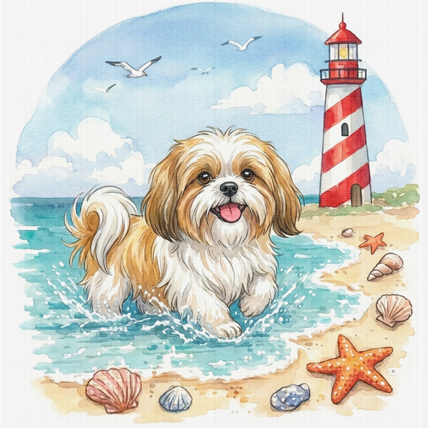 Shih Tzu By The Sea-Dog - Full 14CT Stamped Cross Stitch 30x30CM - Huacan