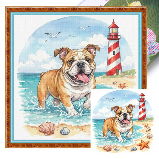 Bulldog By The Sea-Dog - Full 14CT Stamped Cross Stitch 30x30CM - Huacan
