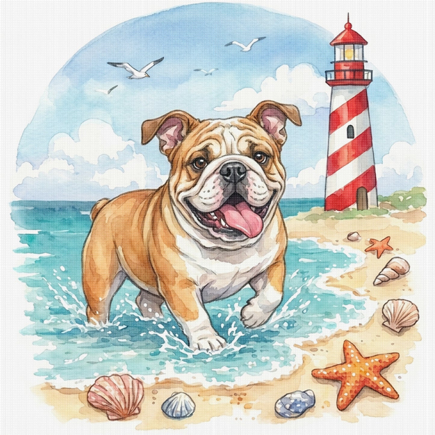 Bulldog By The Sea-Dog - Full 14CT Stamped Cross Stitch 30x30CM - Huacan