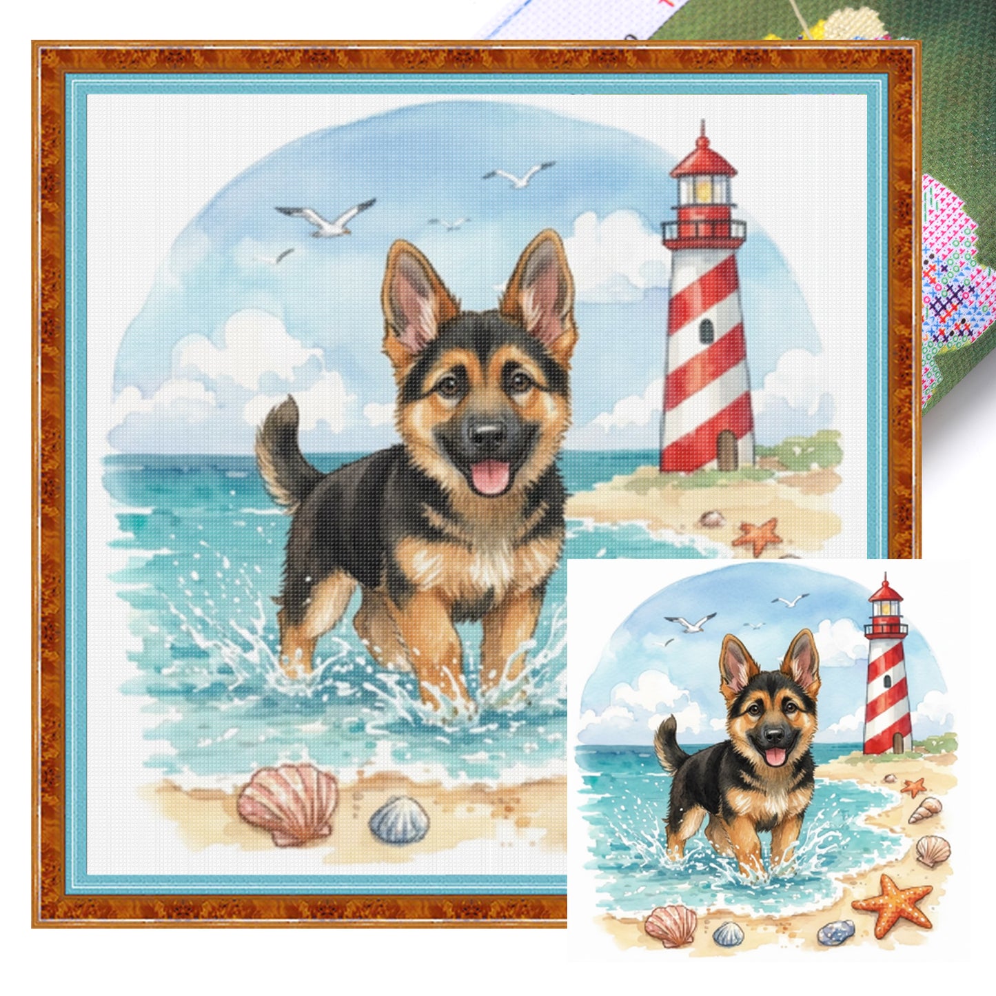 German Shepherd By The Sea-Dog - Full 14CT Stamped Cross Stitch 30x30CM - Huacan