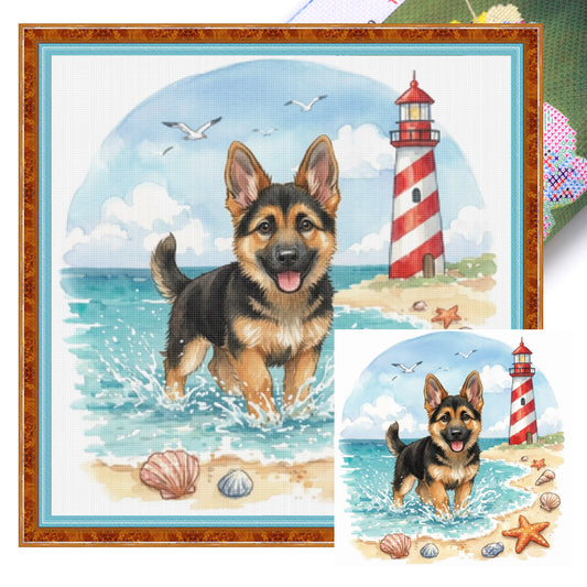 German Shepherd By The Sea-Dog - Full 14CT Stamped Cross Stitch 30x30CM - Huacan