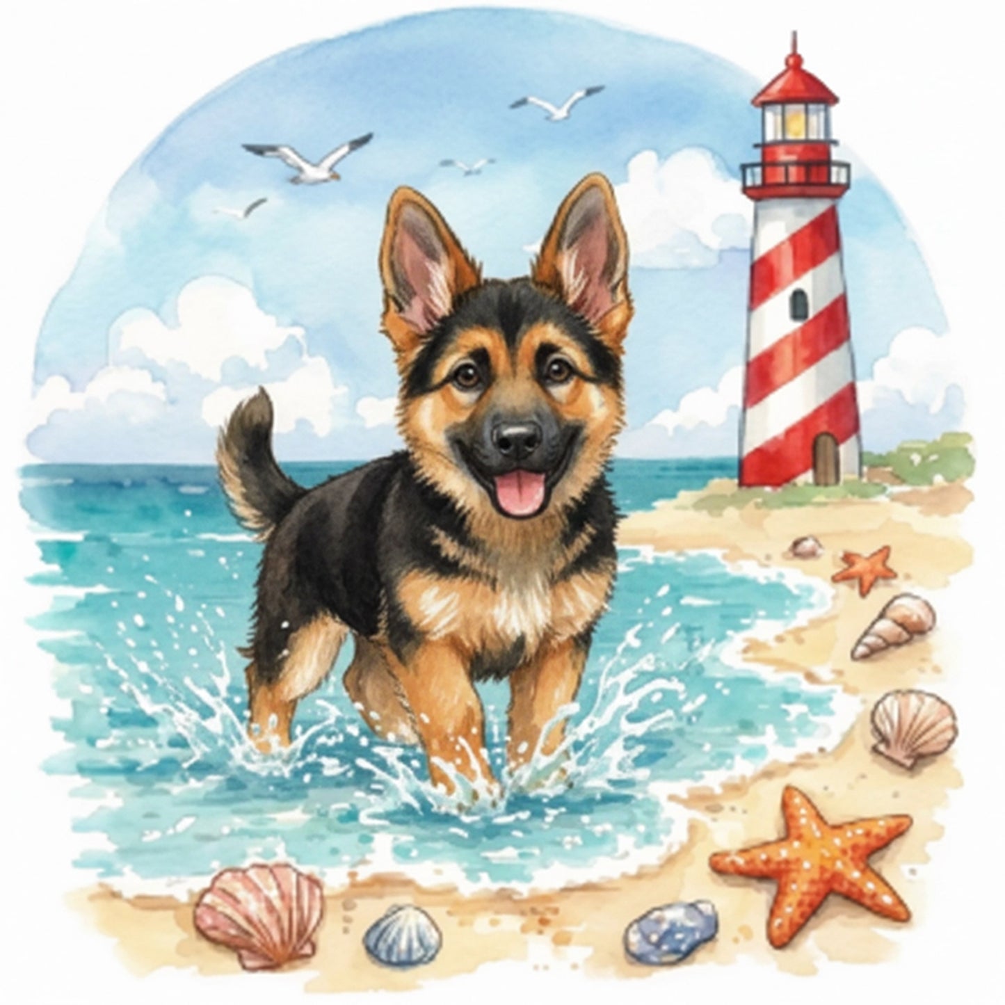German Shepherd By The Sea-Dog - Full 14CT Stamped Cross Stitch 30x30CM - Huacan