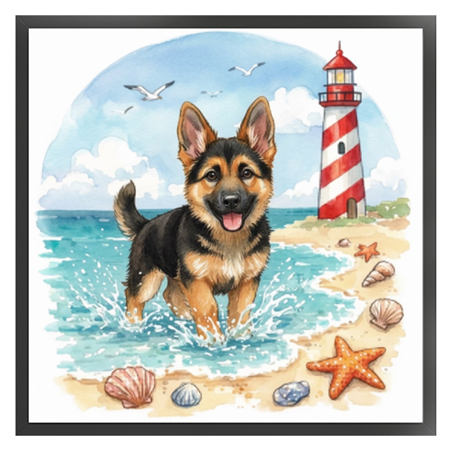German Shepherd By The Sea-Dog - Full 14CT Stamped Cross Stitch 30x30CM - Huacan
