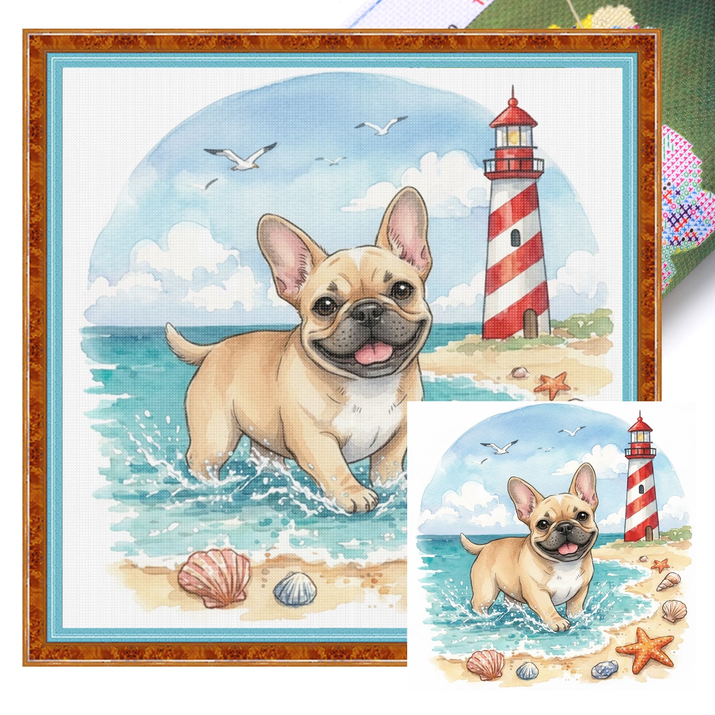 French Bulldog By The Sea-Dog - Full 14CT Stamped Cross Stitch 30x30CM - Huacan