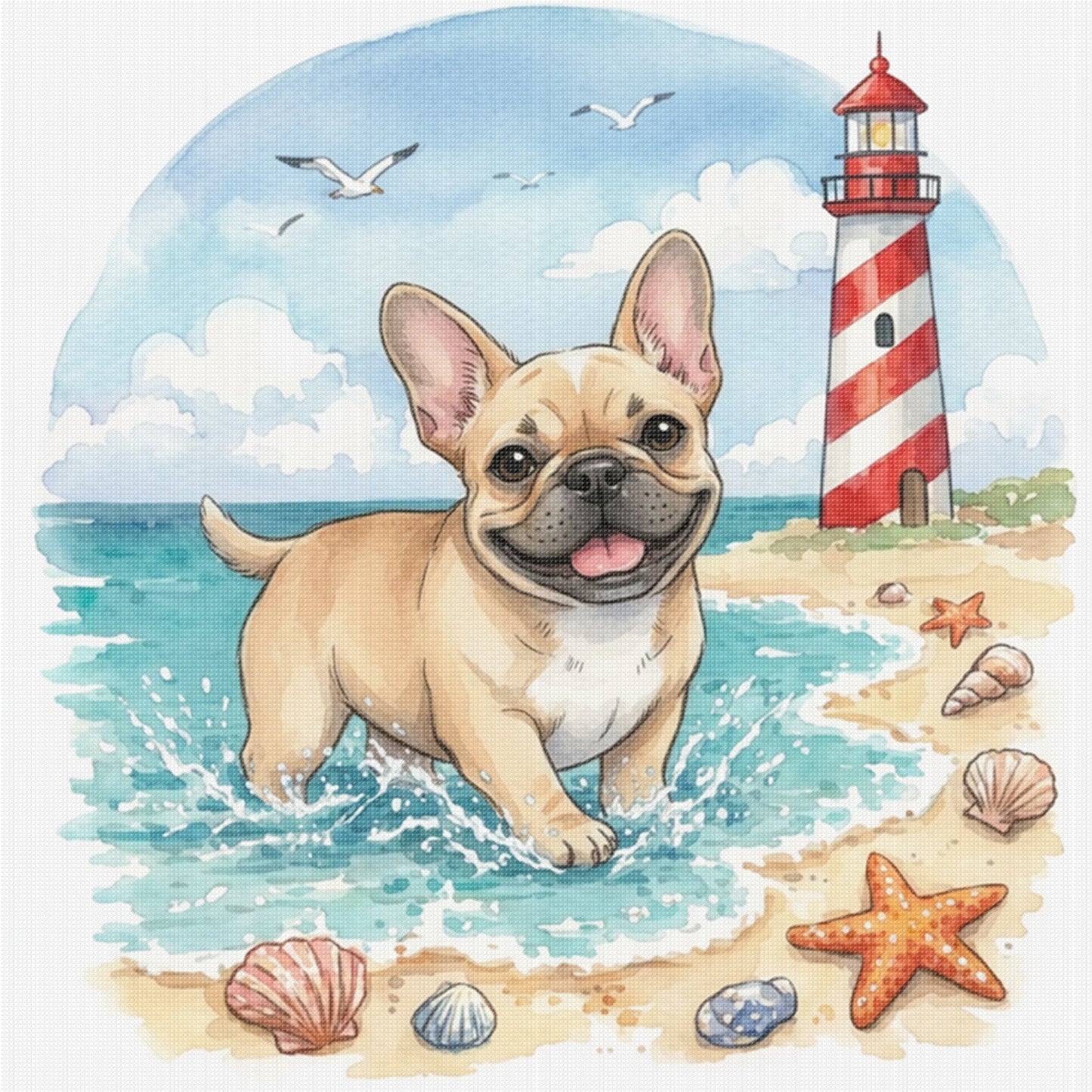 French Bulldog By The Sea-Dog - Full 14CT Stamped Cross Stitch 30x30CM - Huacan