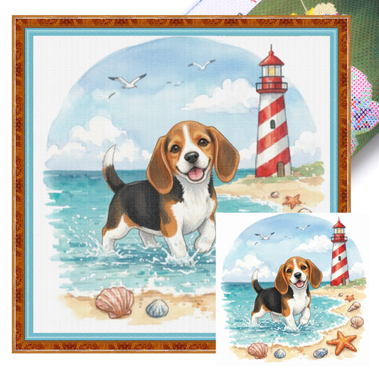 Beagle By The Sea-Dog - Full 14CT Stamped Cross Stitch 30x30CM - Huacan