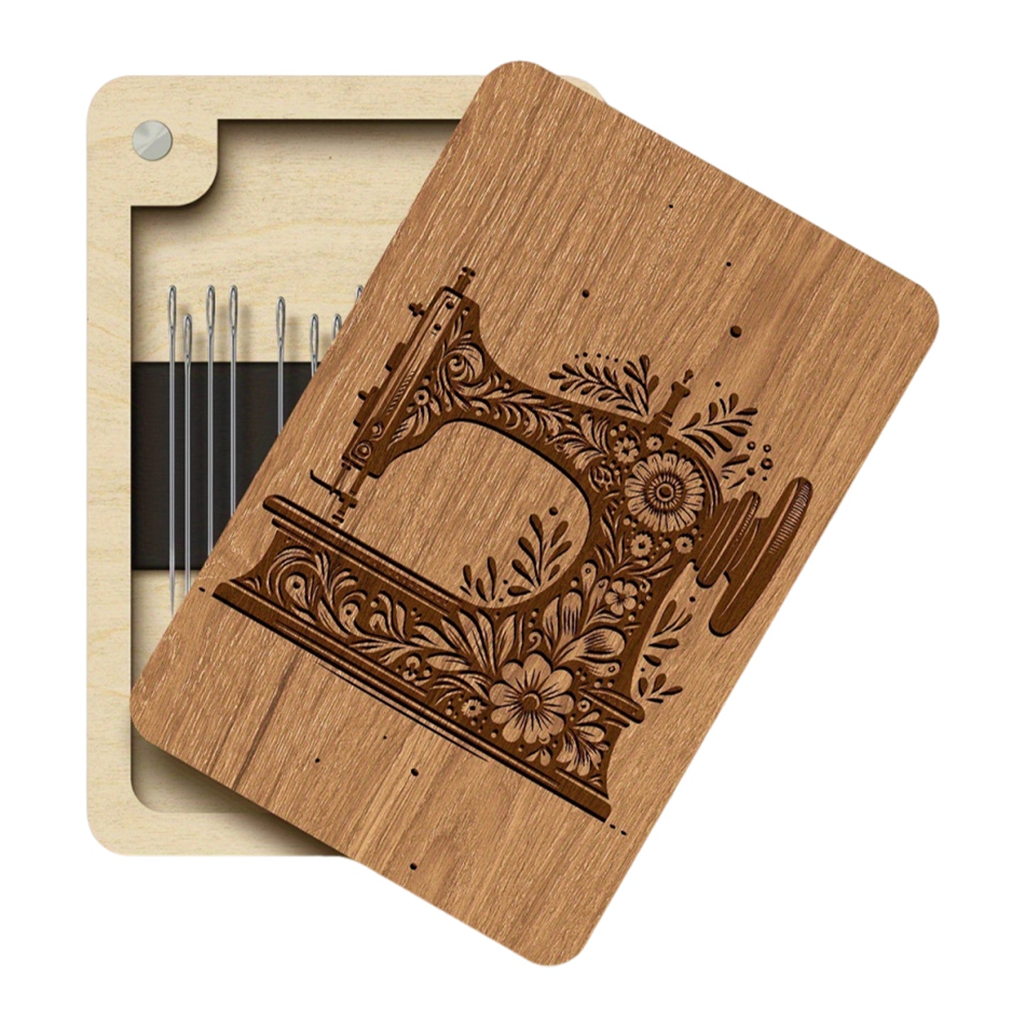 Wooden Needle Box Built-in Strong Magnet Needles Storage Holder with Lid Pin Organizer for Quilters Sewers Craft Supplies Gift (Brown Sewing Machine)