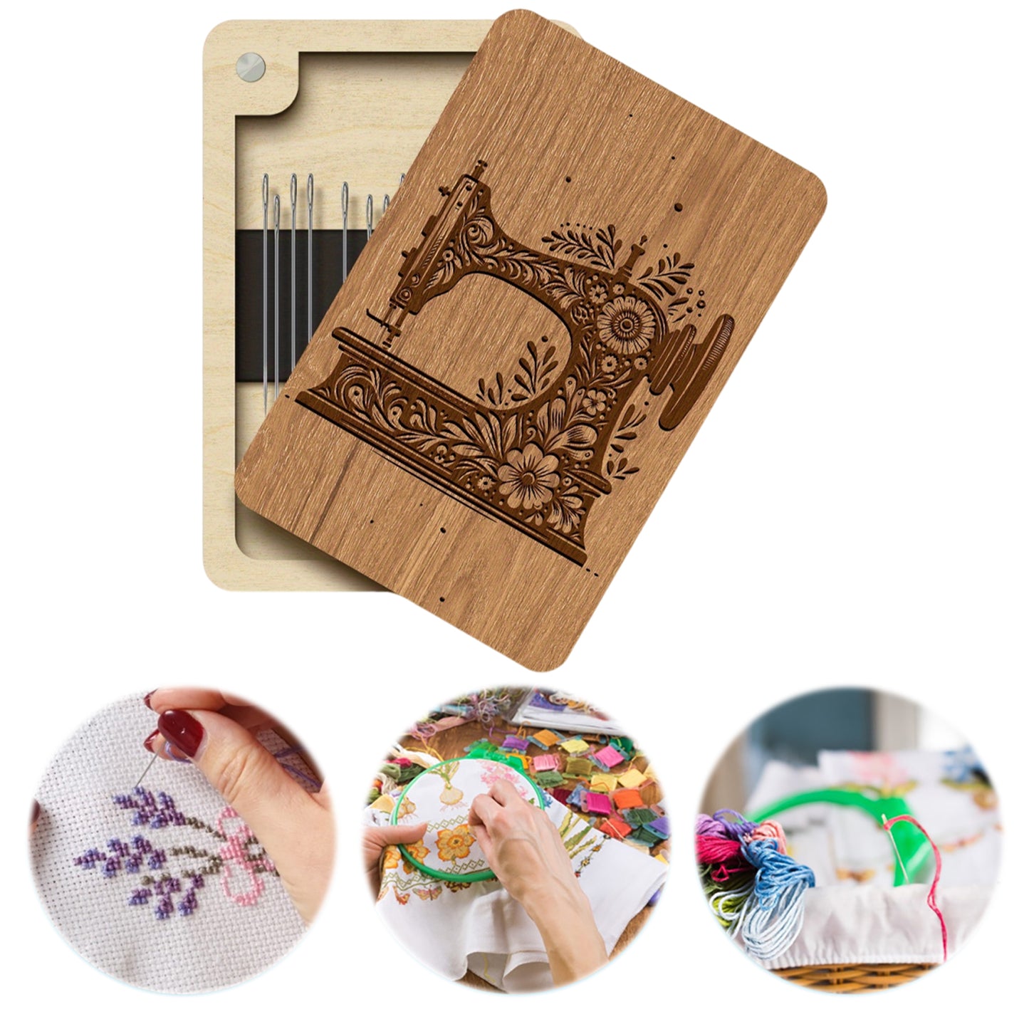 Wooden Needle Box Built-in Strong Magnet Needles Storage Holder with Lid Pin Organizer for Quilters Sewers Craft Supplies Gift (Brown Sewing Machine)