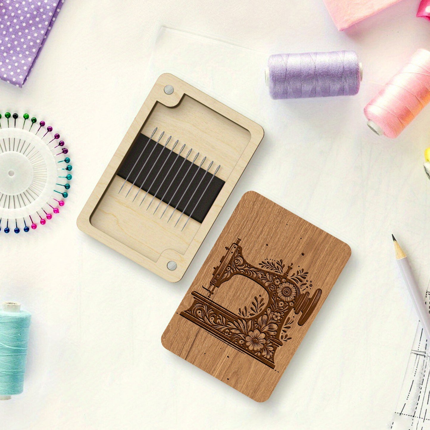Wooden Needle Box Built-in Strong Magnet Needles Storage Holder with Lid Pin Organizer for Quilters Sewers Craft Supplies Gift (Brown Sewing Machine)