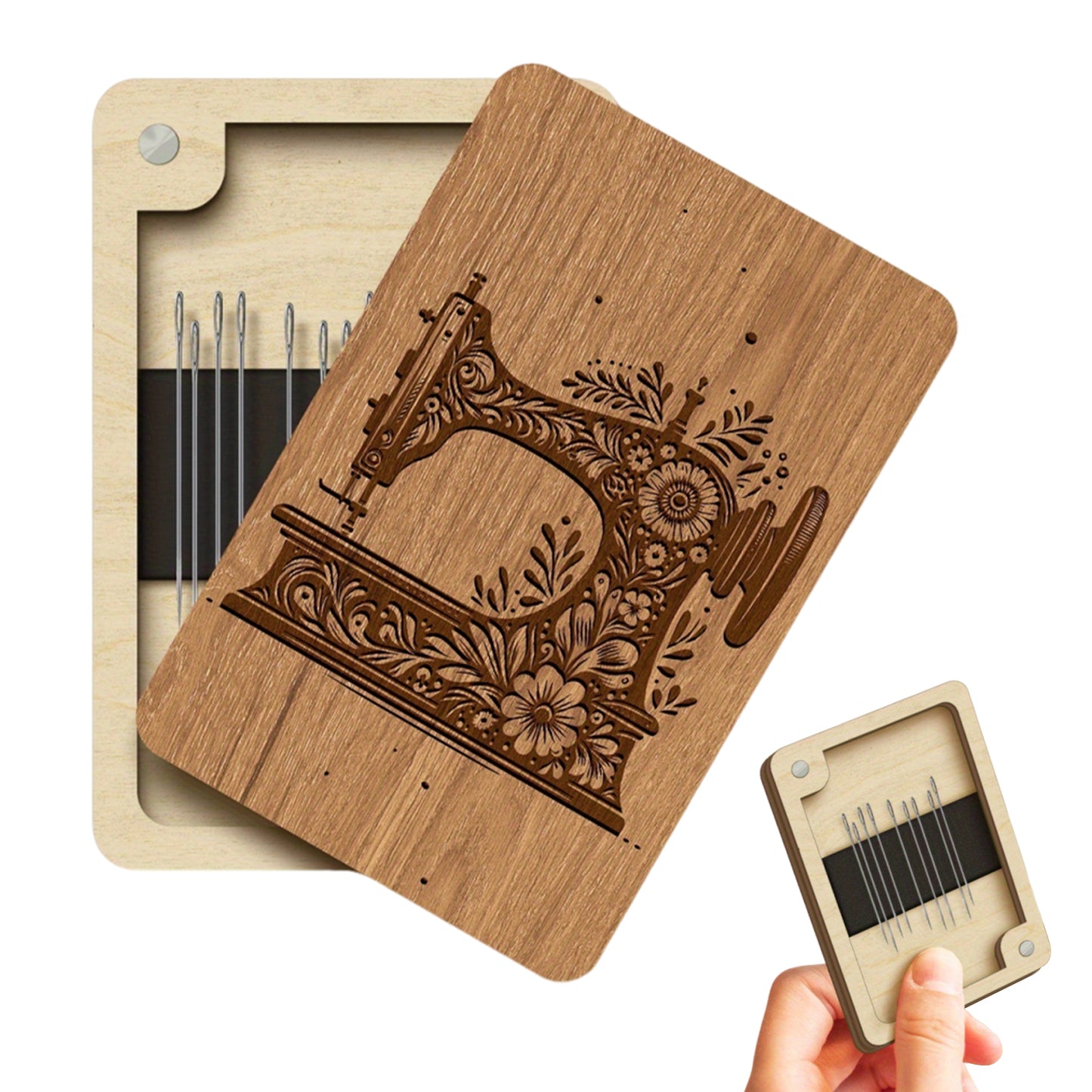 Wooden Needle Box Built-in Strong Magnet Needles Storage Holder with Lid Pin Organizer for Quilters Sewers Craft Supplies Gift (Brown Sewing Machine)