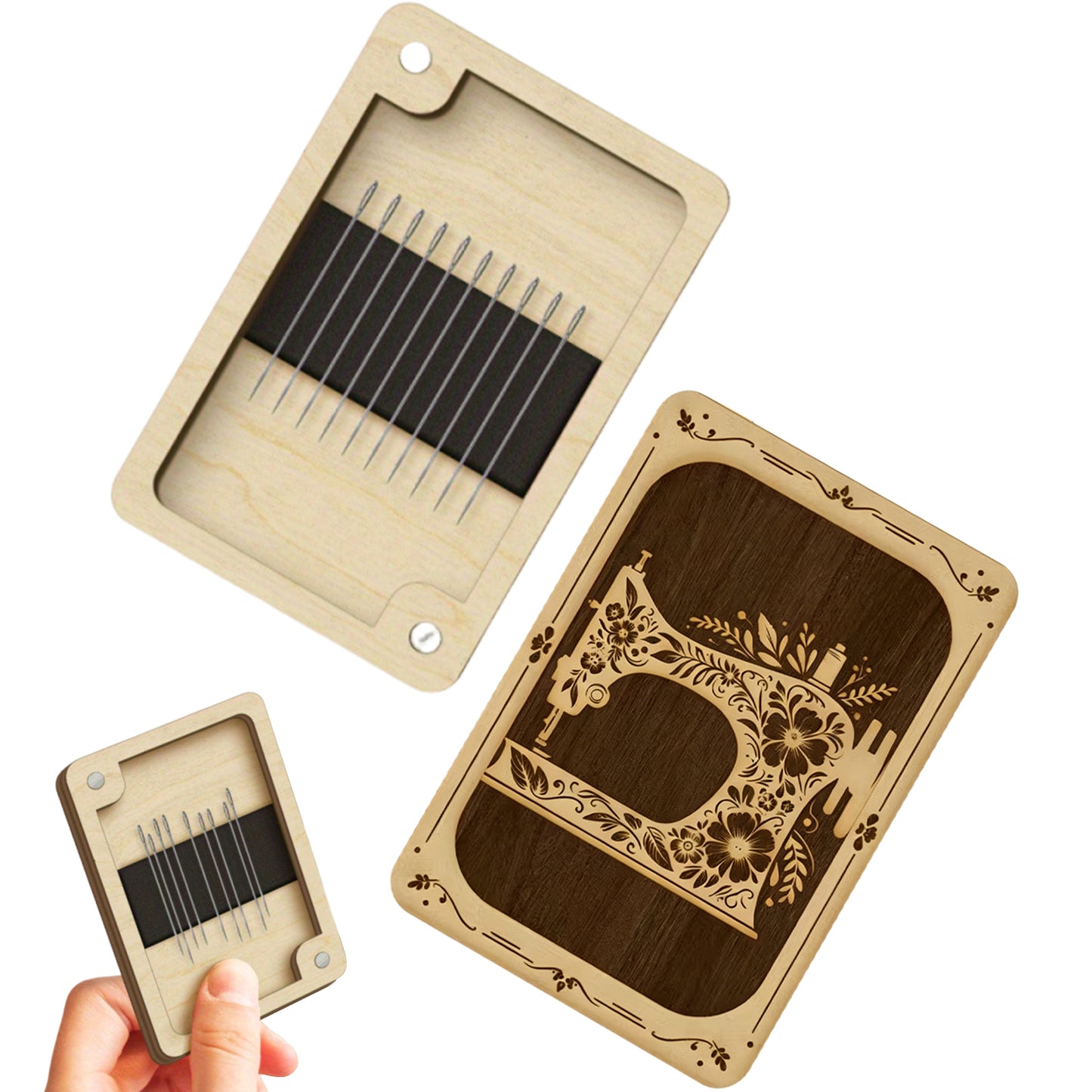 Wooden Needle Box Built-in Strong Magnet Needles Storage Holder with Lid Pin Organizer for Quilters Sewers Craft Supplies Gift (White Sewing Machine)