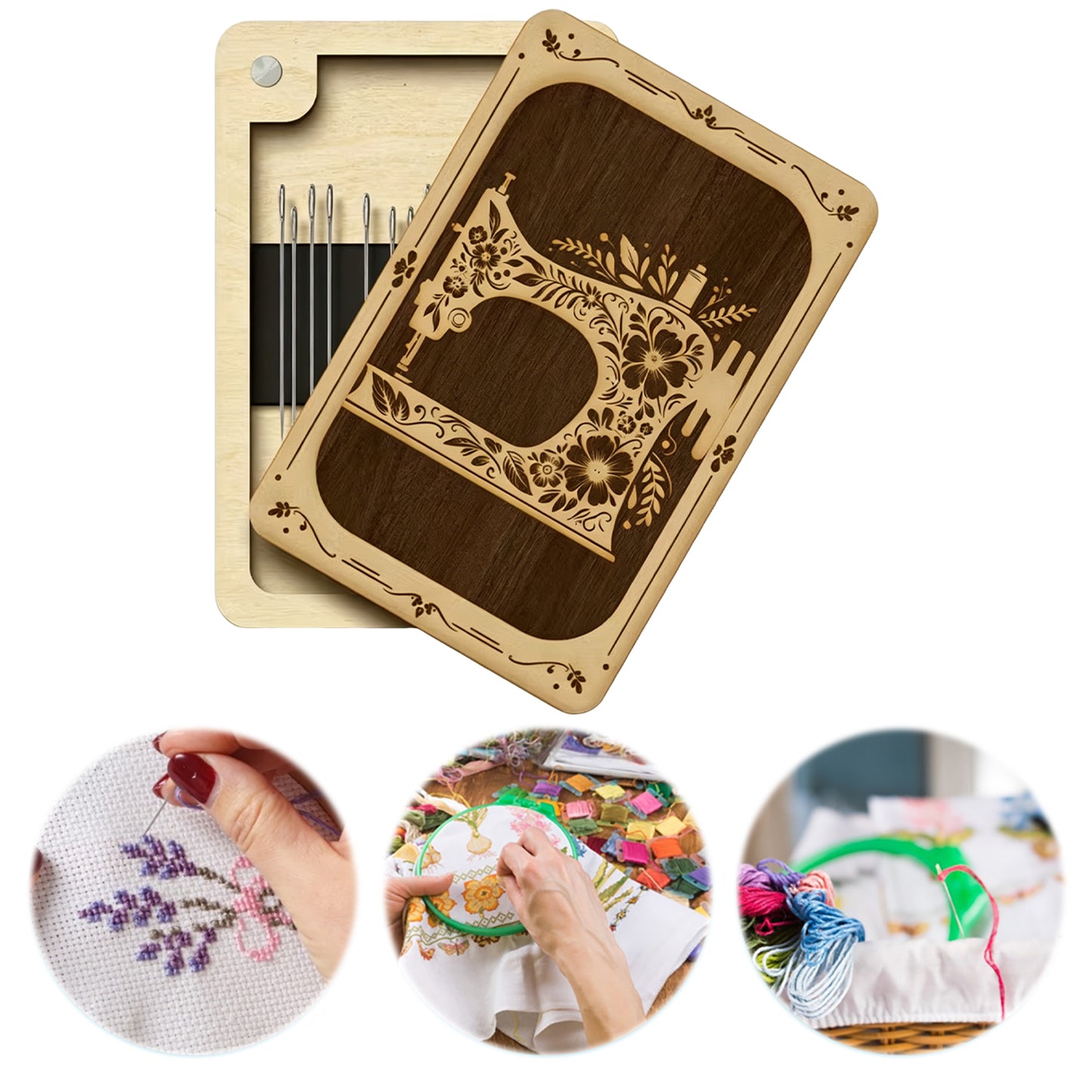Wooden Needle Box Built-in Strong Magnet Needles Storage Holder with Lid Pin Organizer for Quilters Sewers Craft Supplies Gift (White Sewing Machine)